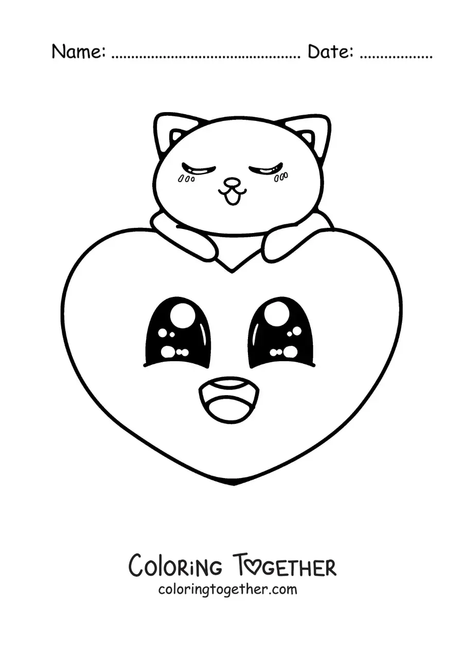 Coloring page of a pretty animated heart with a kitten