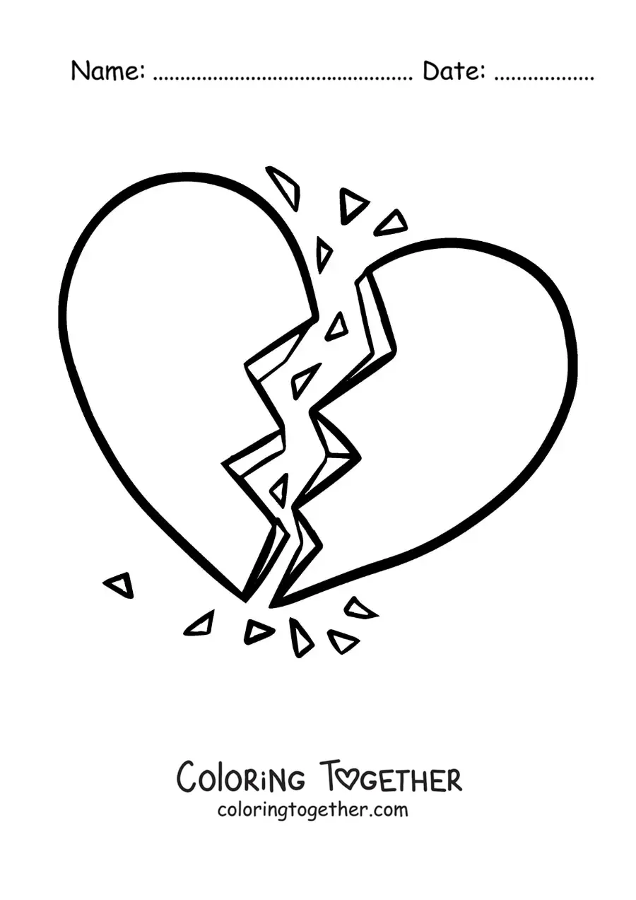Coloring page of a broken, shattered heart
