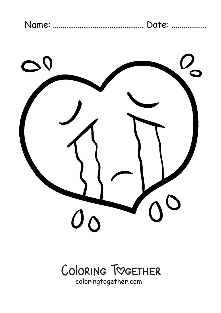 Coloring page of an animated crying heart