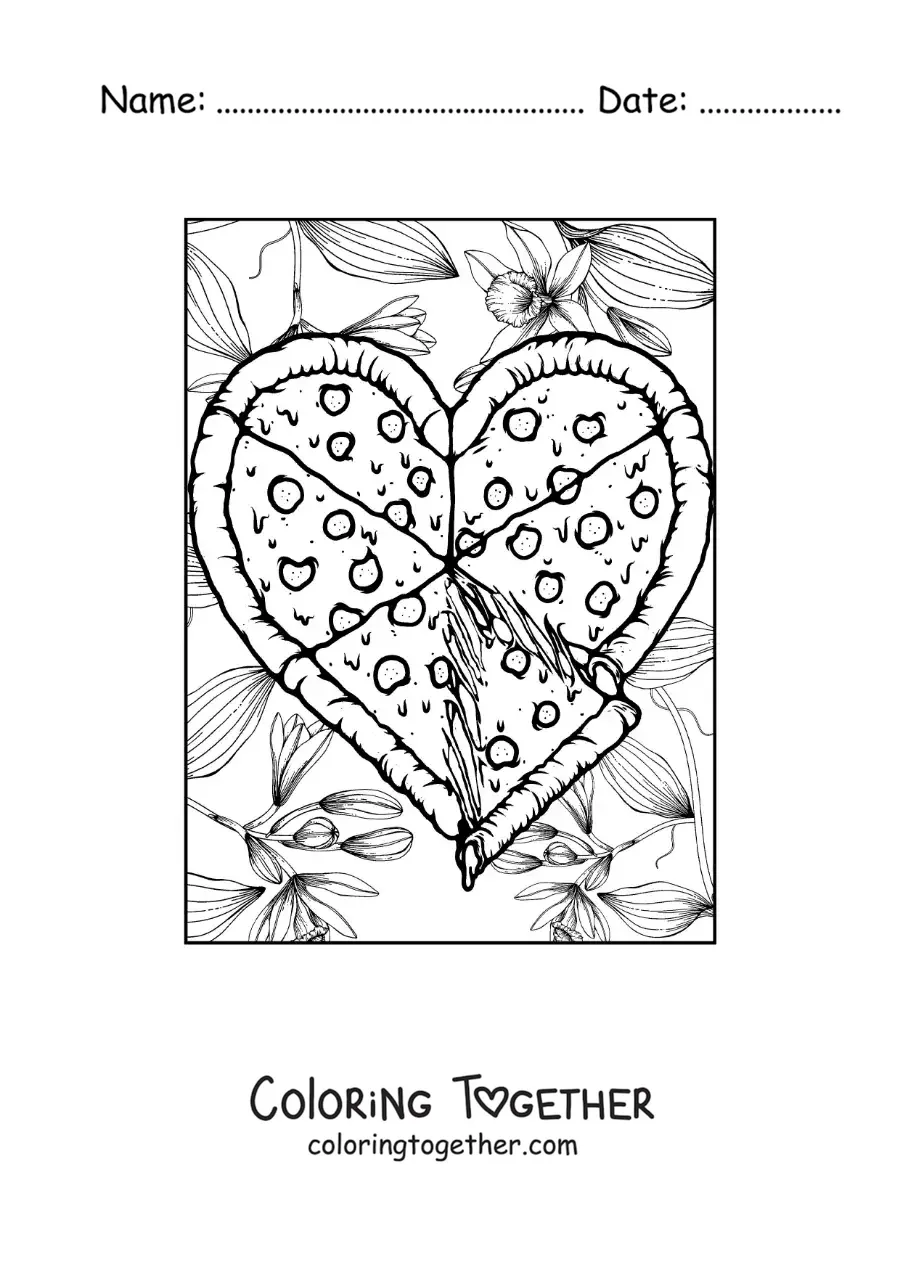 Coloring page of a big heart-shaped pizza