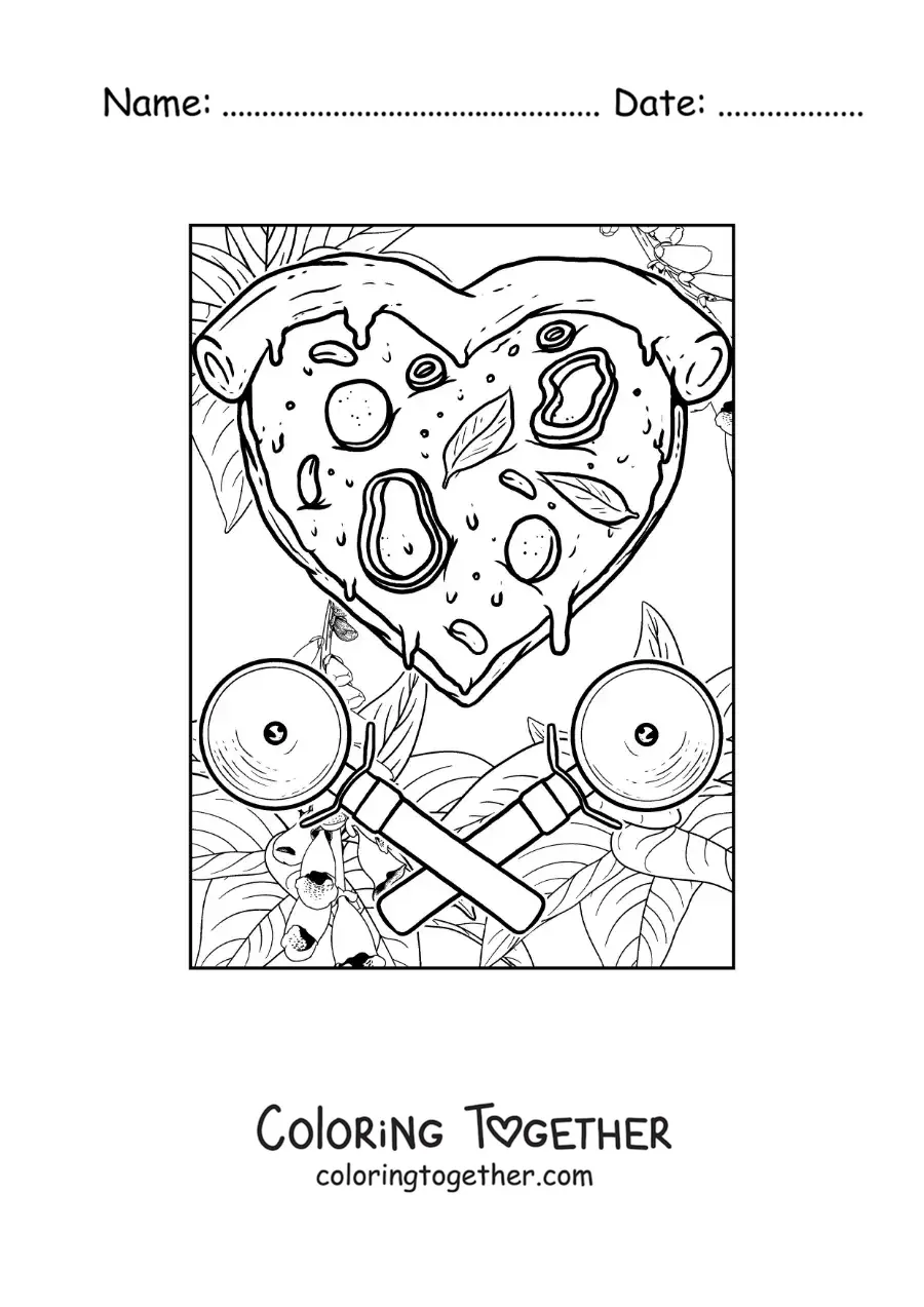 Coloring page of a heart-shaped pizza