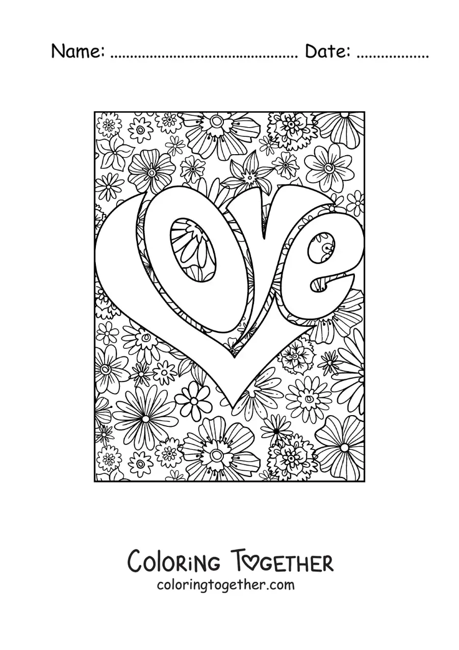 Coloring page of a heart made of letters spelling love