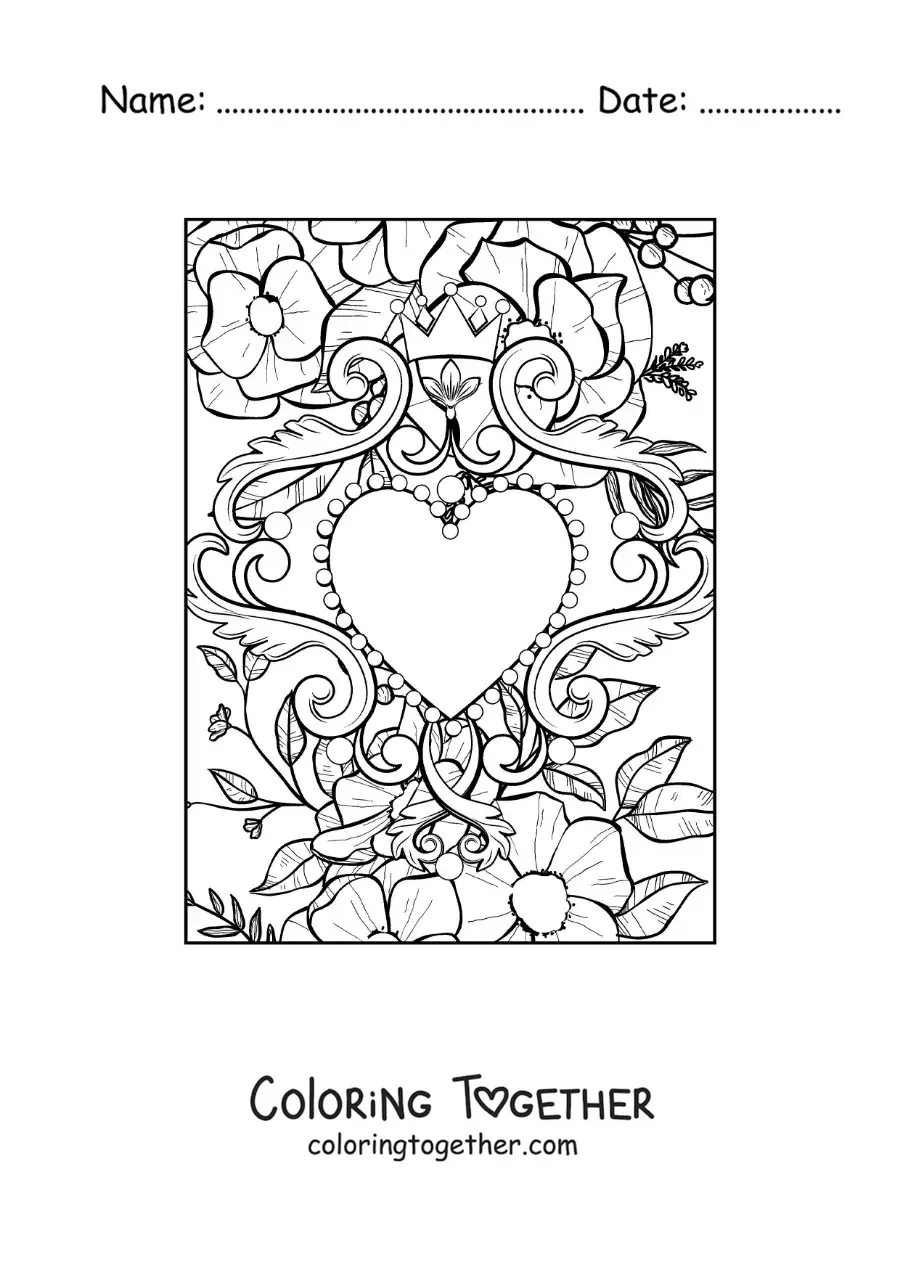 Coloring page of a heart with flowers