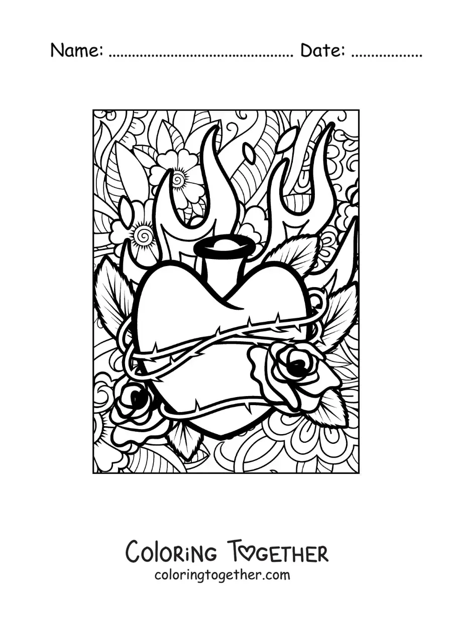 Coloring page of a heart in flames