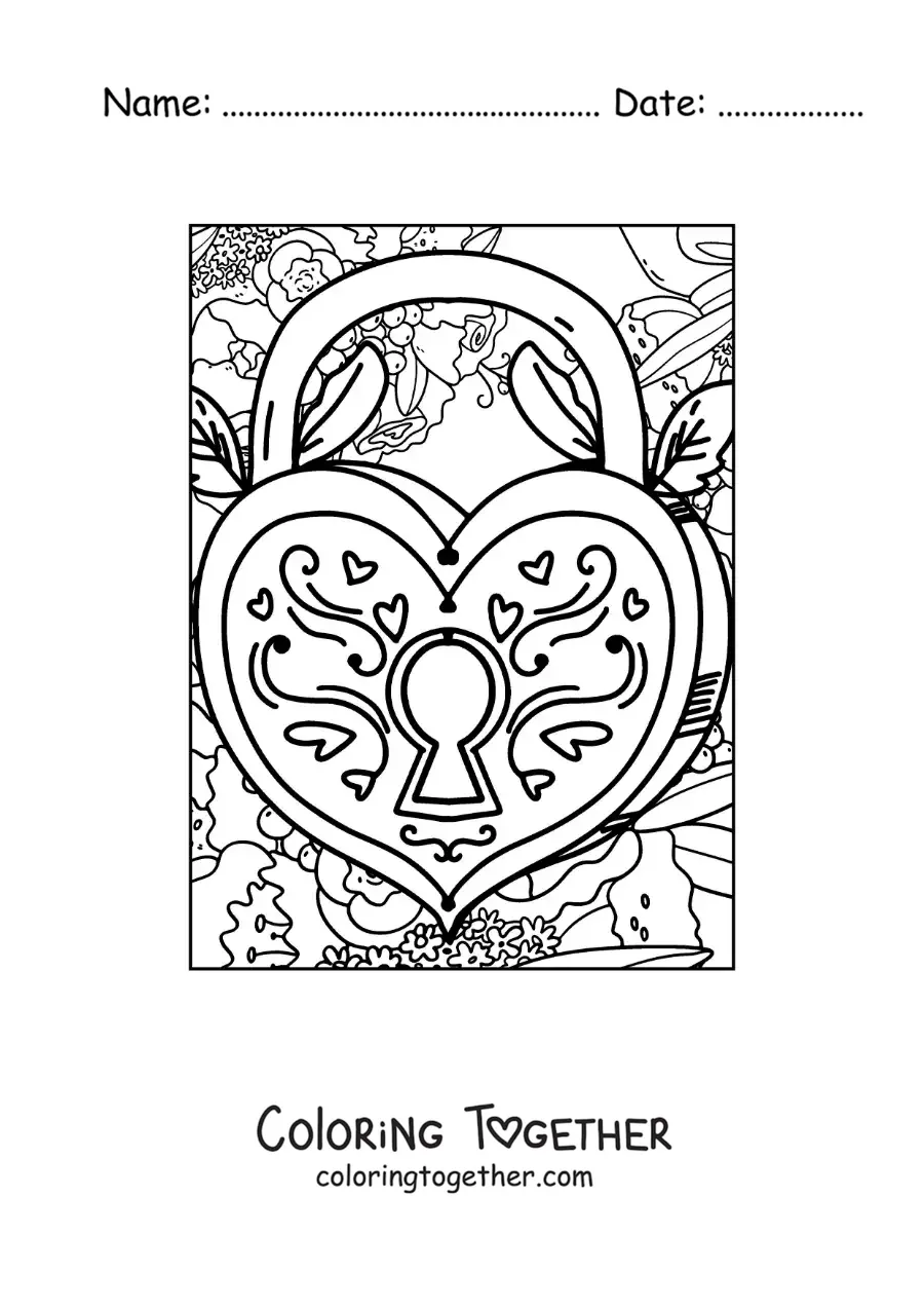 Coloring page of a heart-shaped padlock