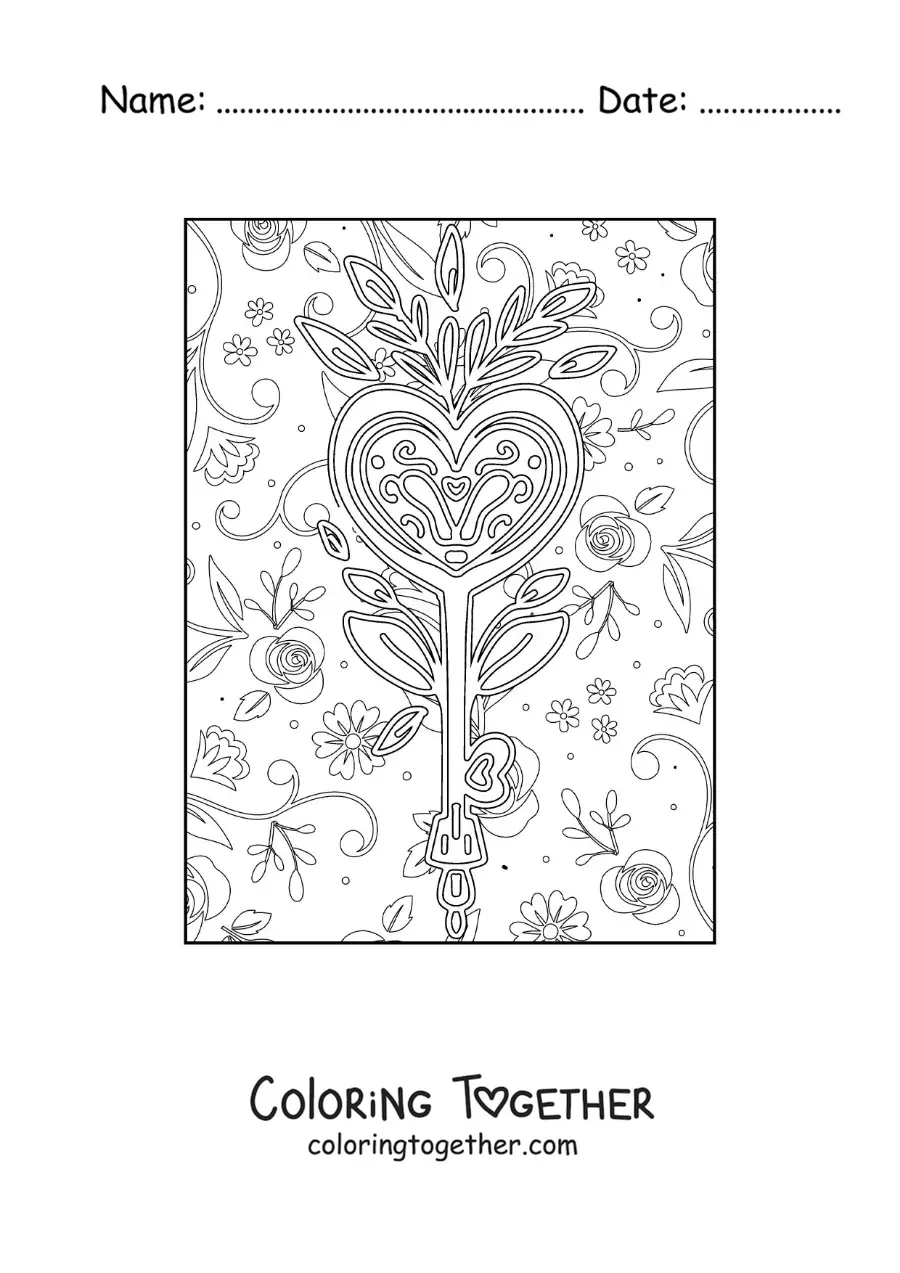 Coloring page of a heart-shaped key