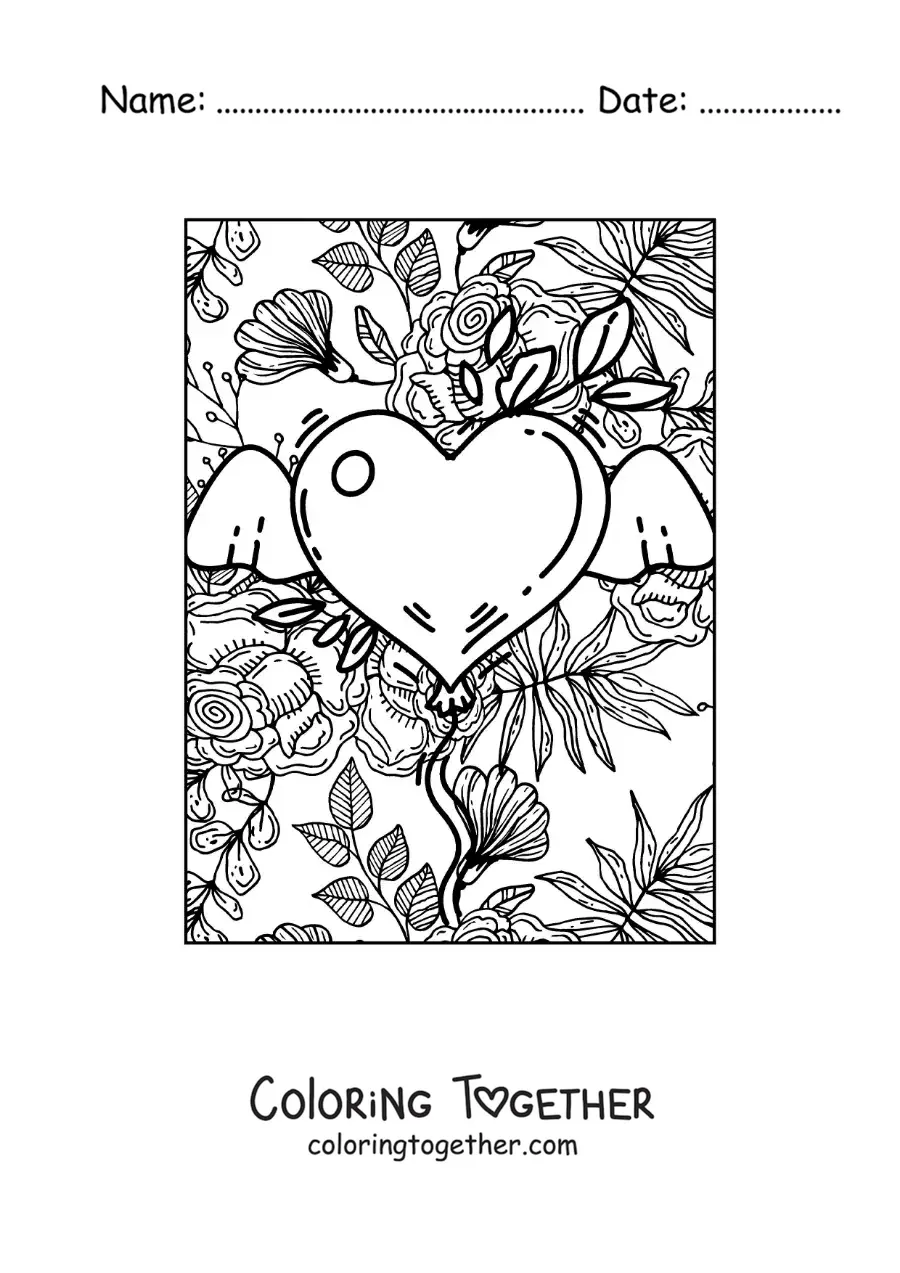 Coloring page of a heart with wings and flowers