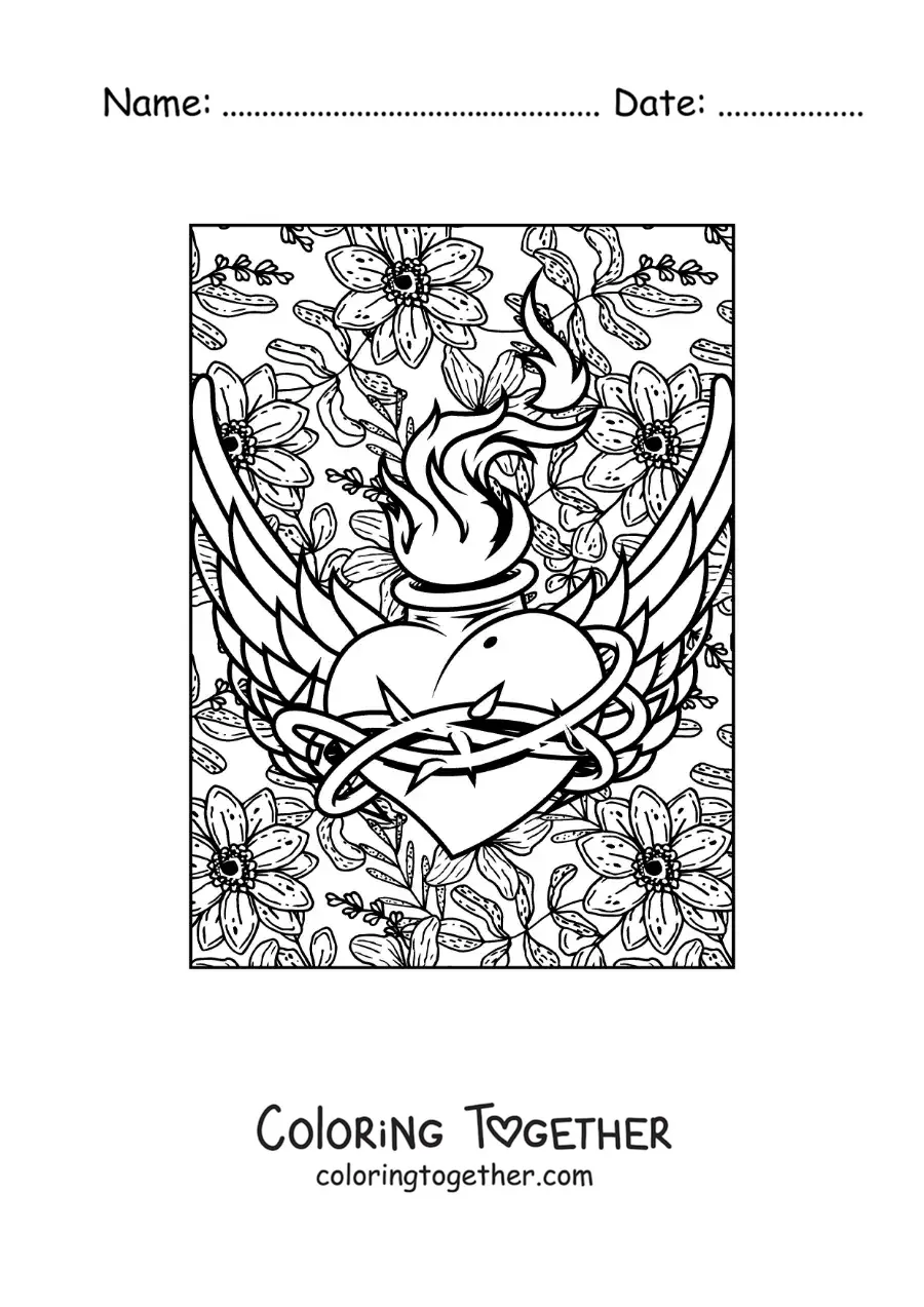 Coloring page of a heart in flames with wings