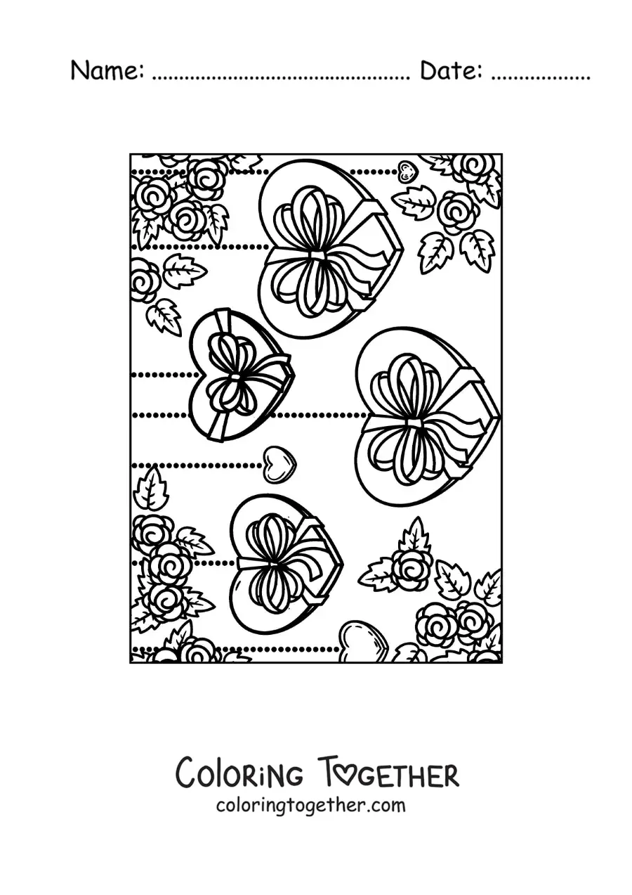 Coloring page of hanging hearts decorated with flowers