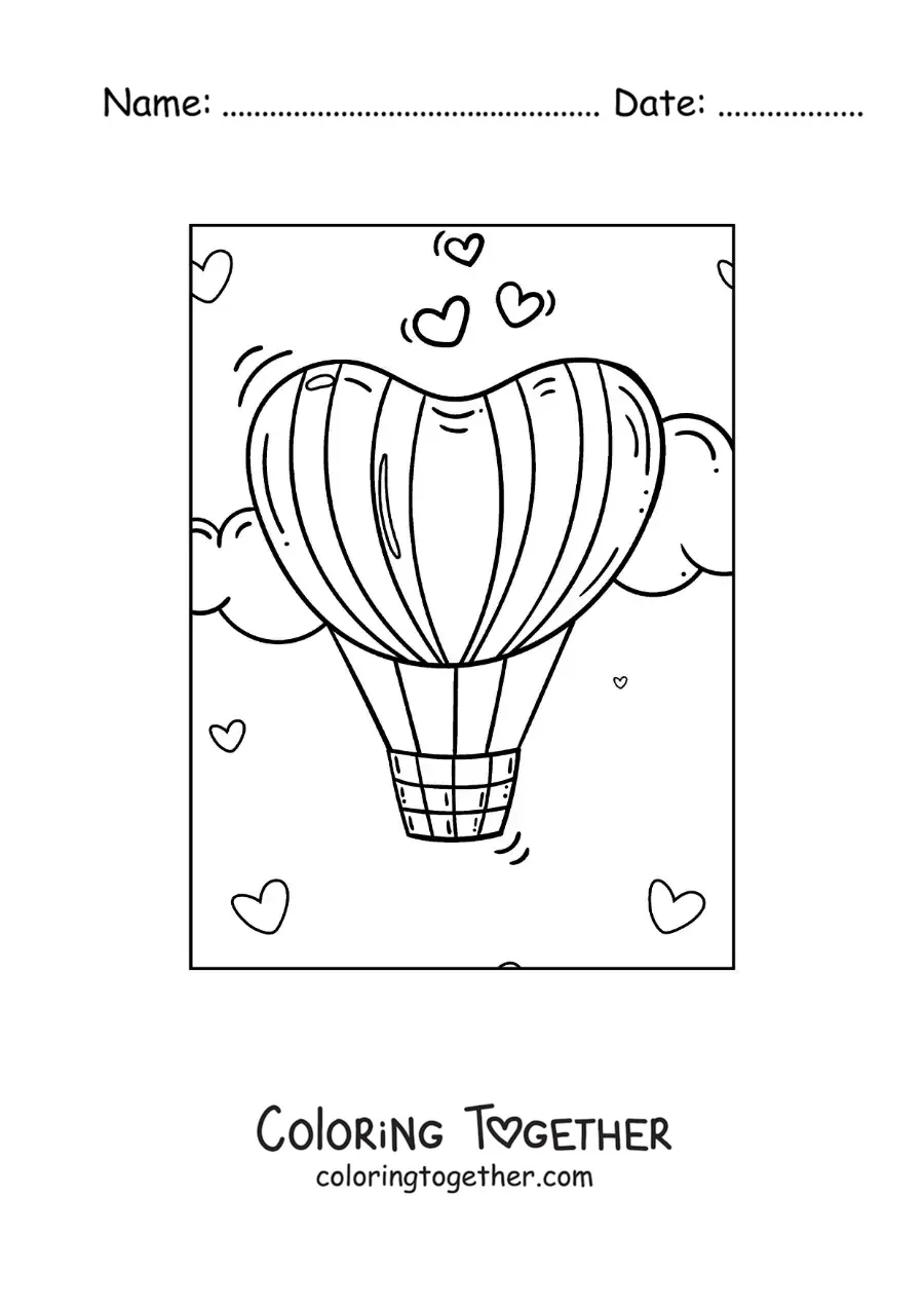 Coloring page of a heart-shaped hot air balloon