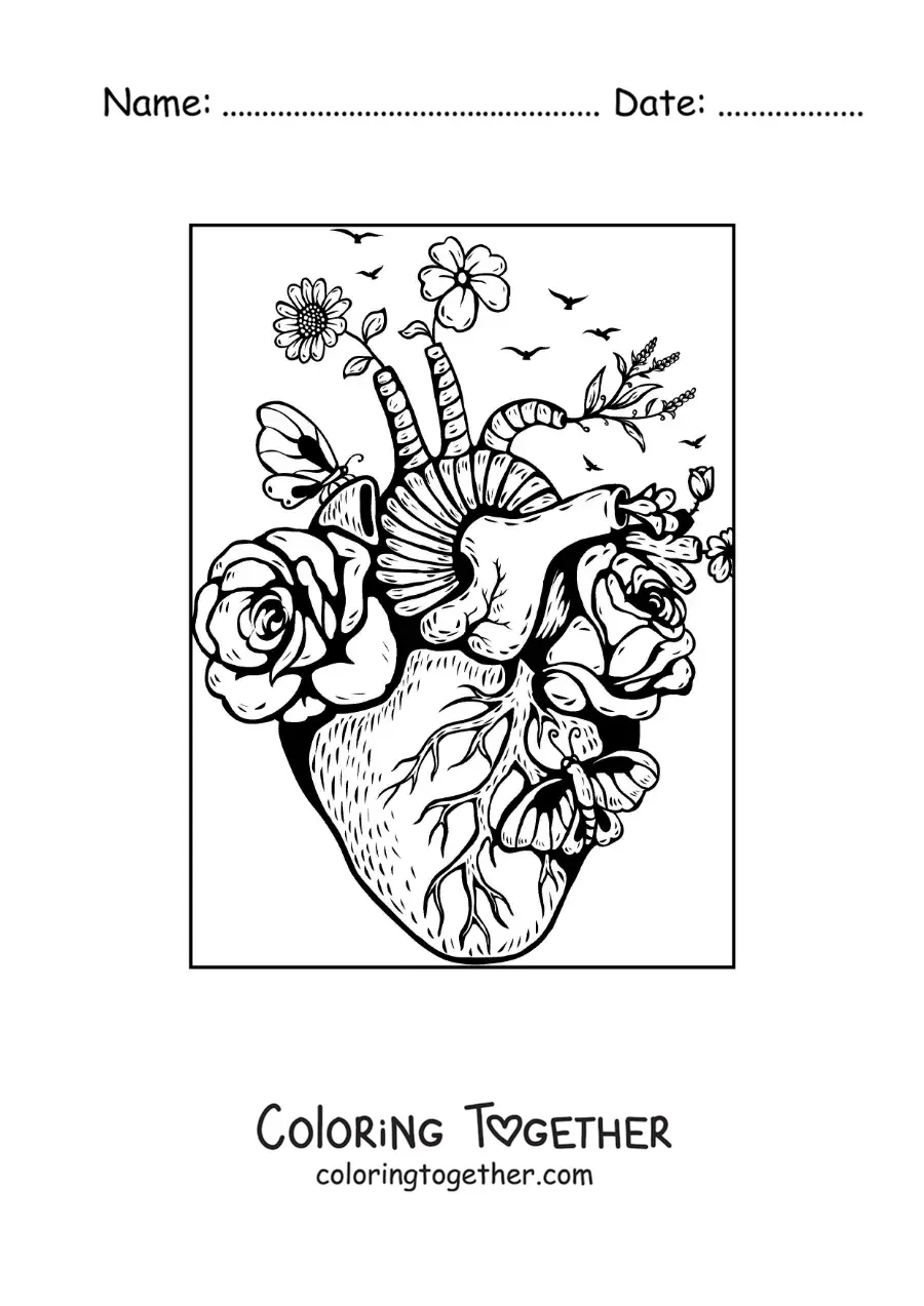 Coloring page of a realistic heart with flowers