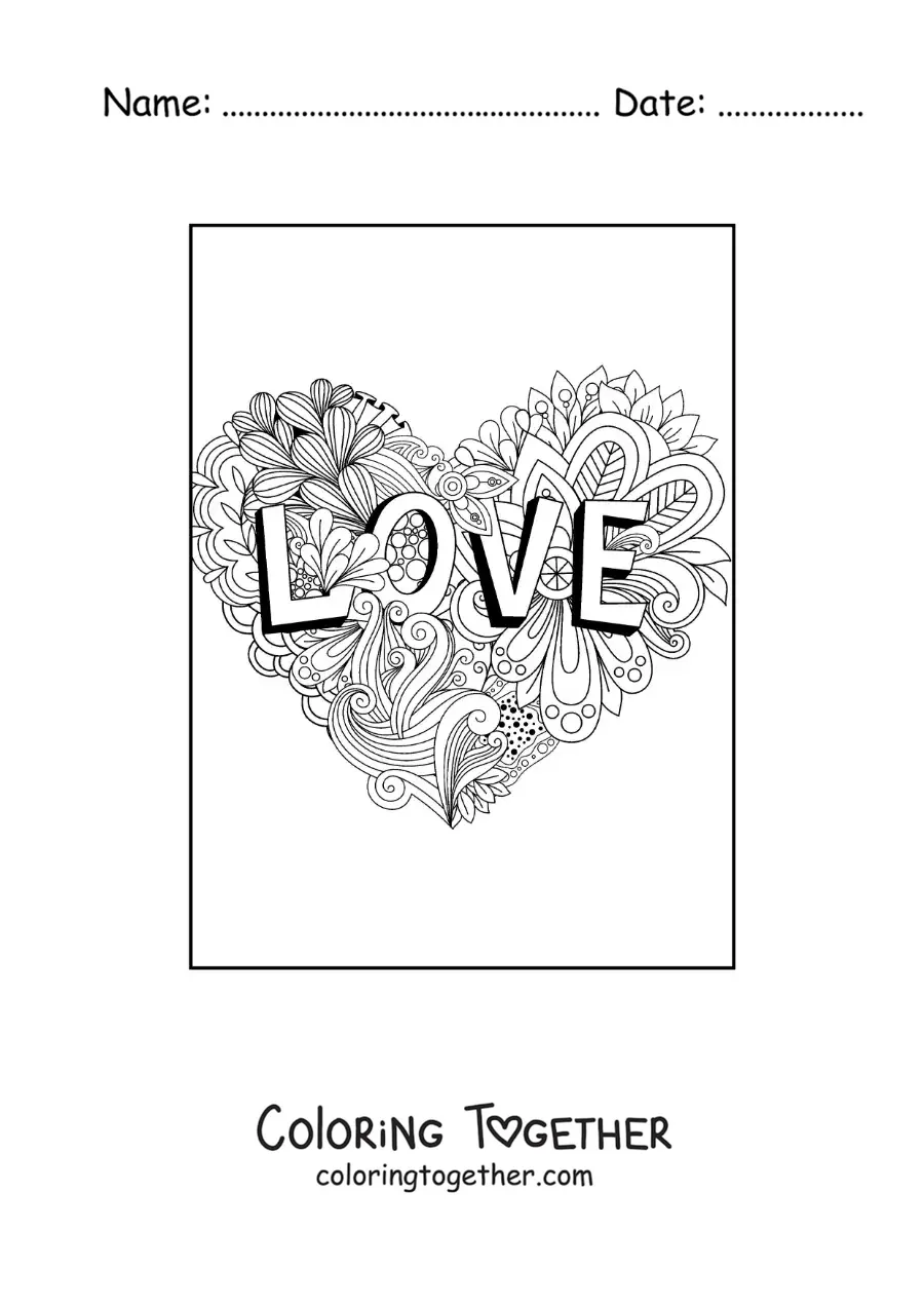 Coloring page of a heart mandala with letters spelling love