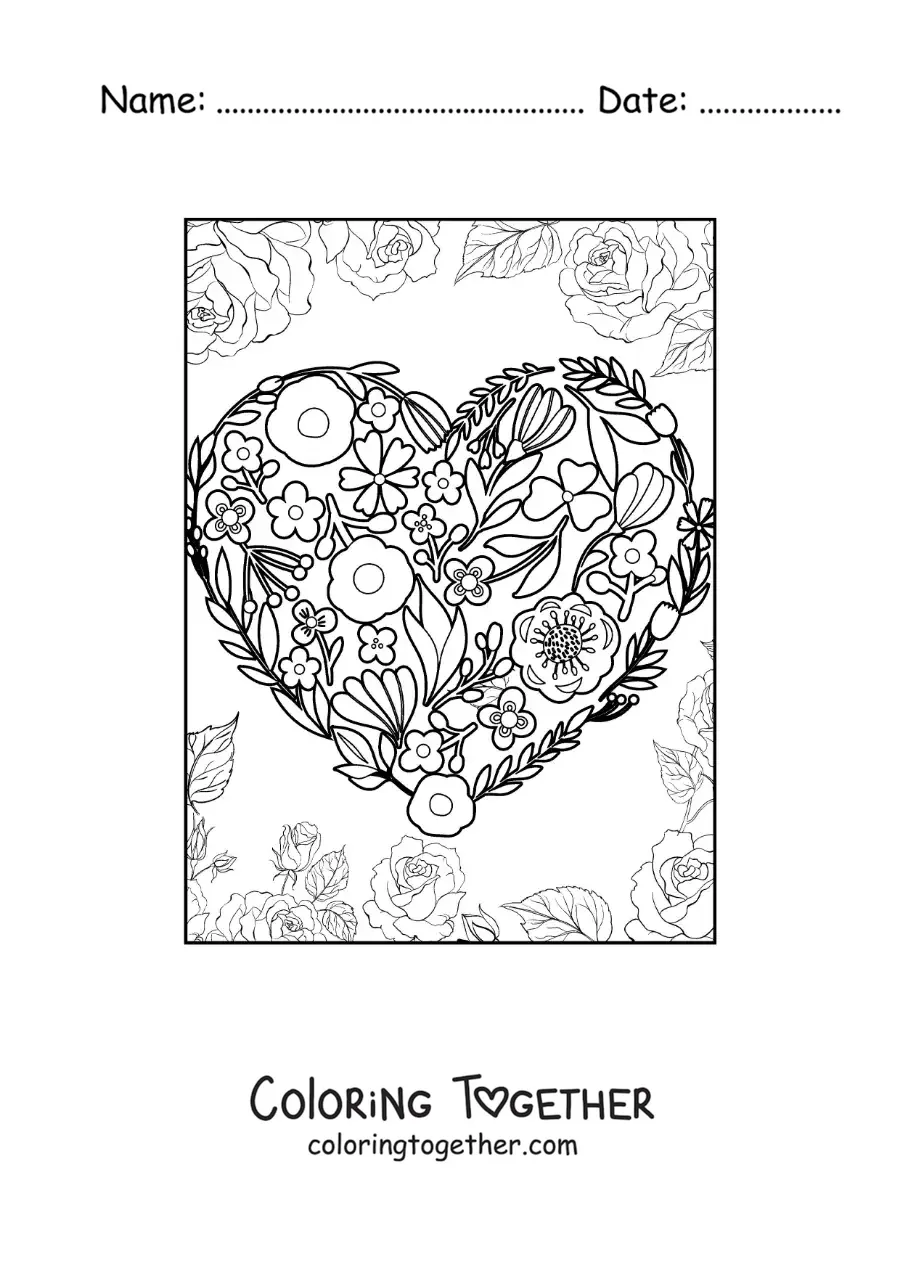 Coloring page of a heart made of flowers