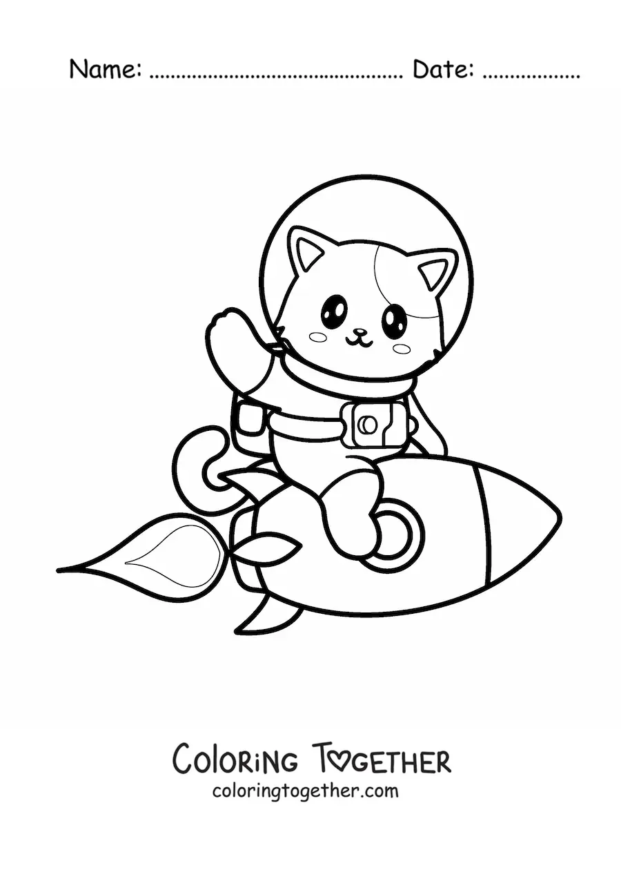 Coloring page of a cartoon cat in a space suit on a rocket