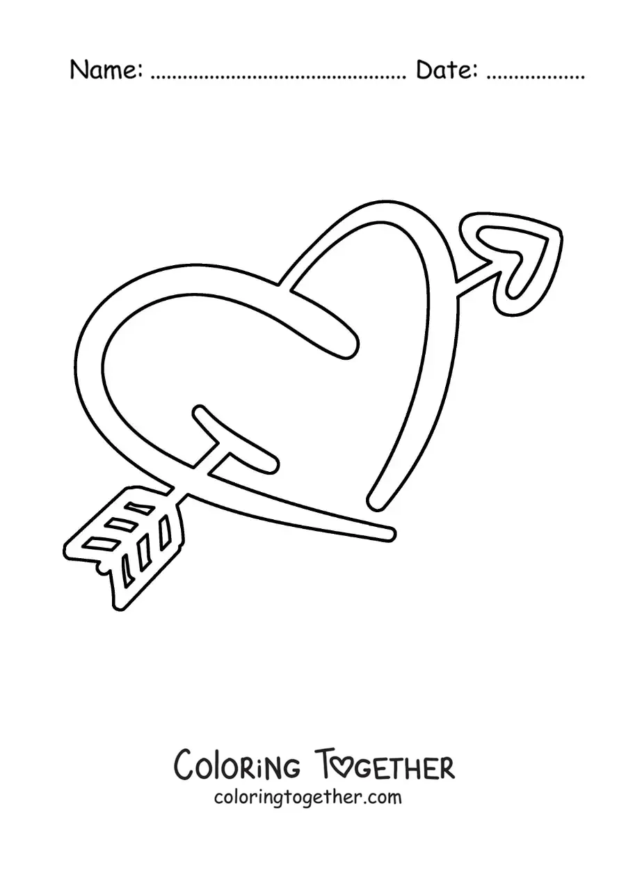 Coloring page of a heart with an arrow