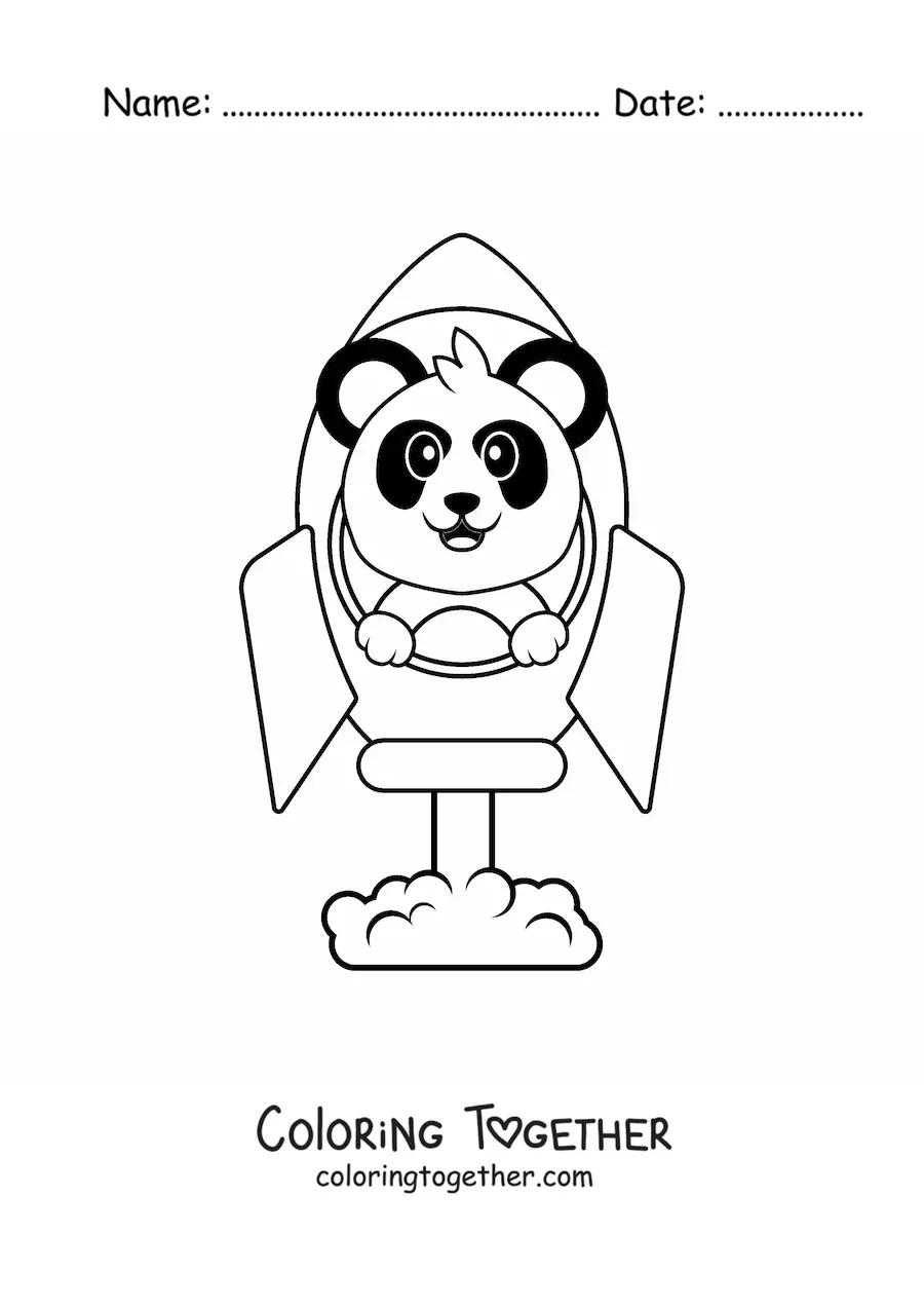 Coloring page of a cartoon panda inside a rocket