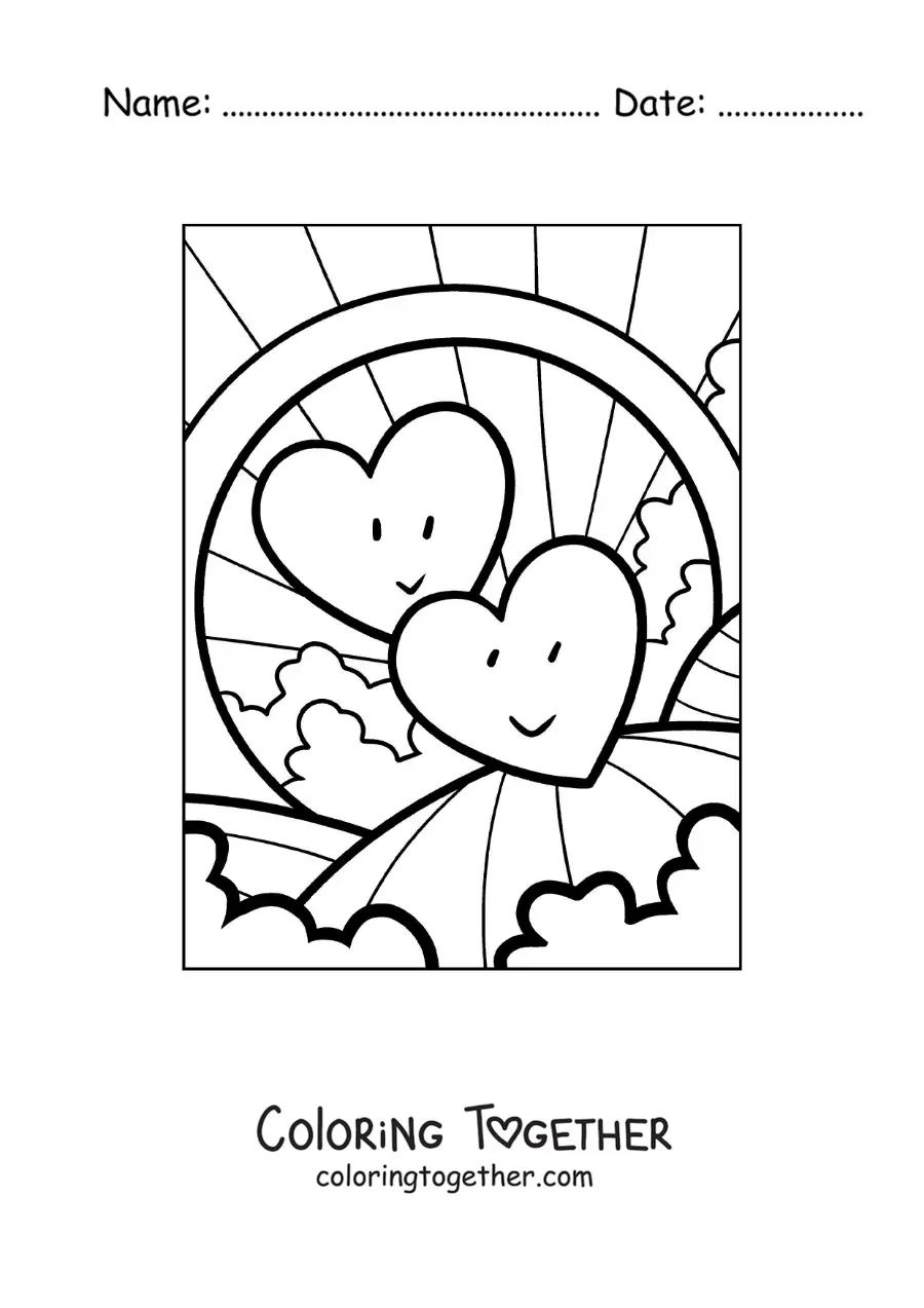 Coloring page of 2 animated hearts together
