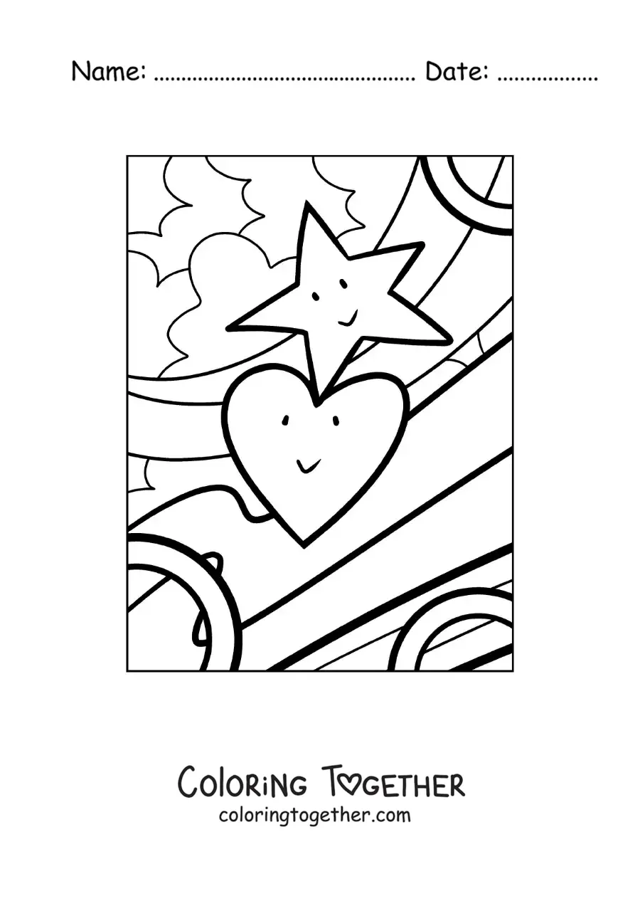 Coloring page of an animated heart next to a star