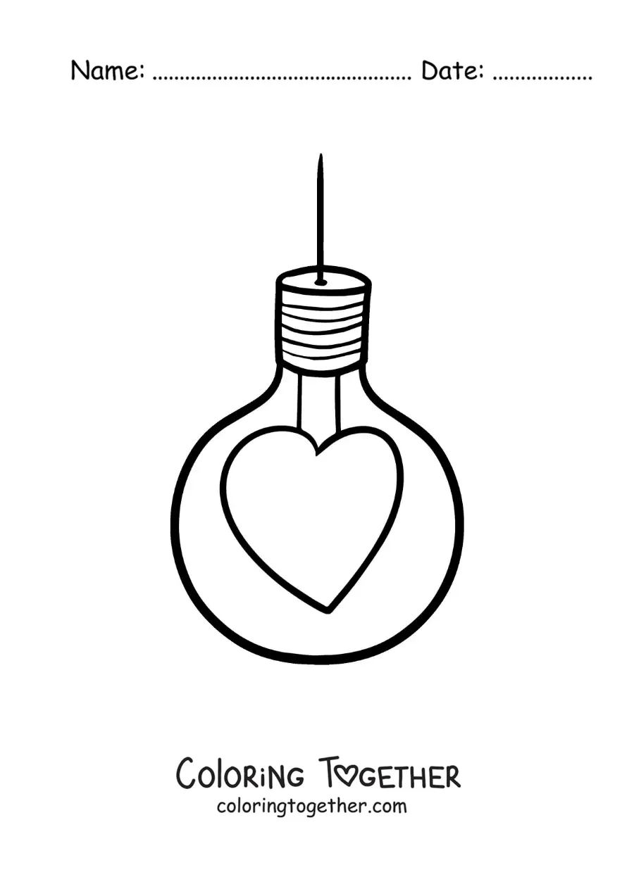 Coloring page of a heart-shaped light bulb