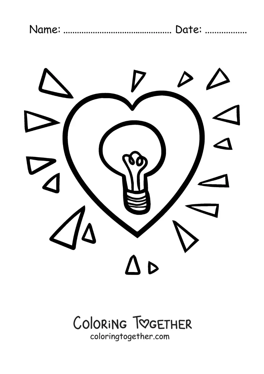 Coloring page of a big heart lit up with a light bulb