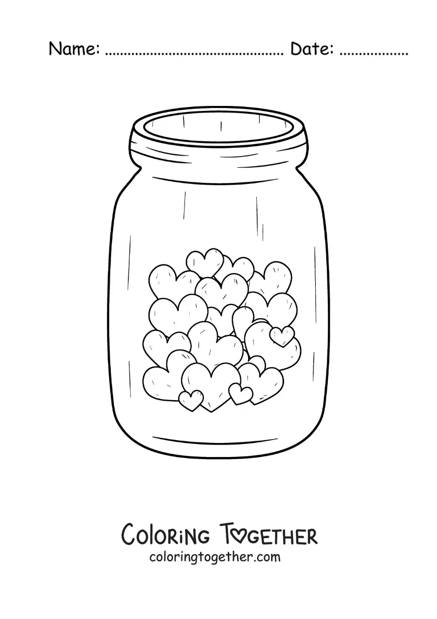 Coloring page of a glass jar full of small hearts