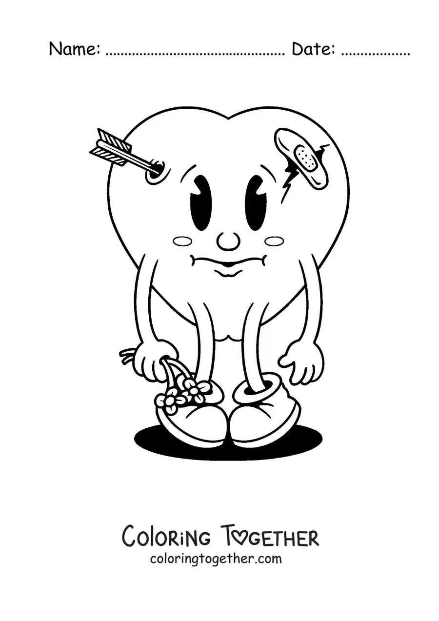 Coloring page of a cartoon of a wounded, sad heart