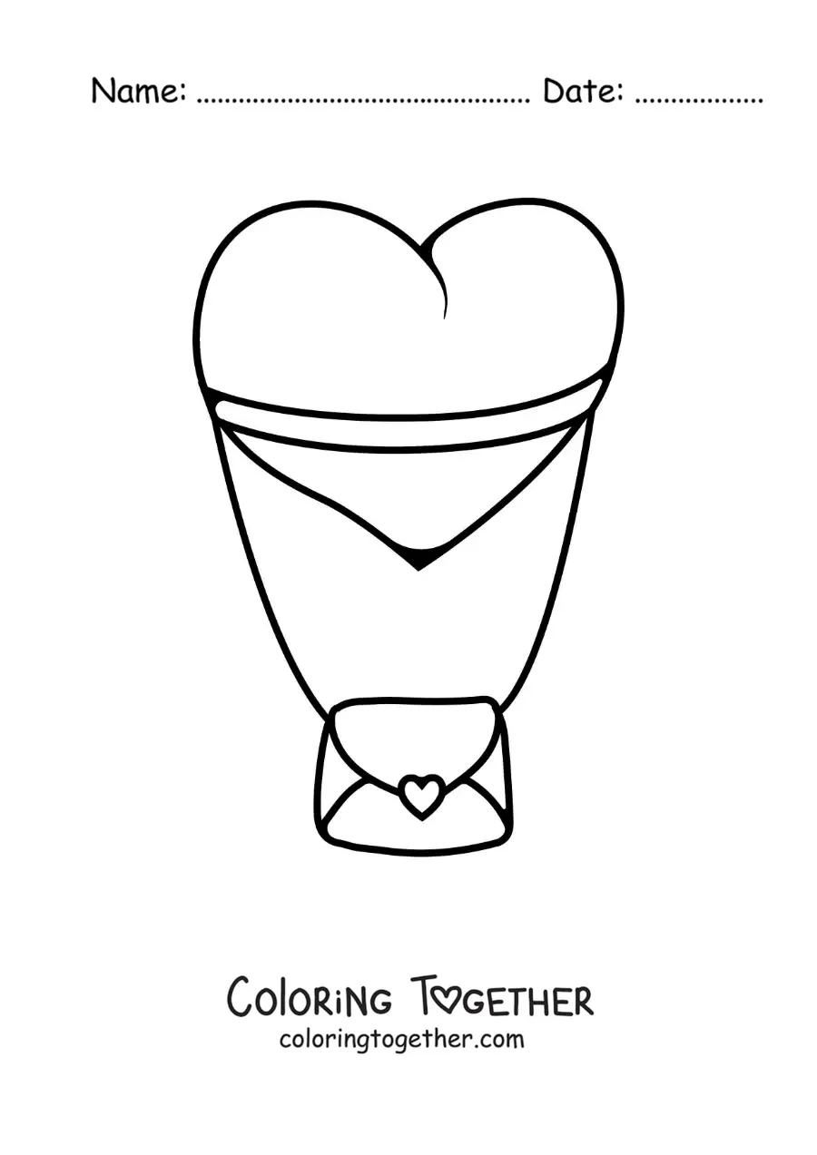 Coloring page of a heart-shaped balloon tied to a love letter