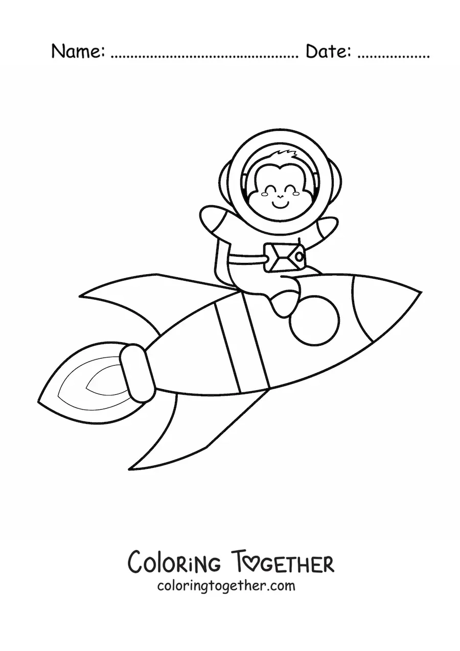 Coloring page of a cartoon monkey in a space suit on a rocket