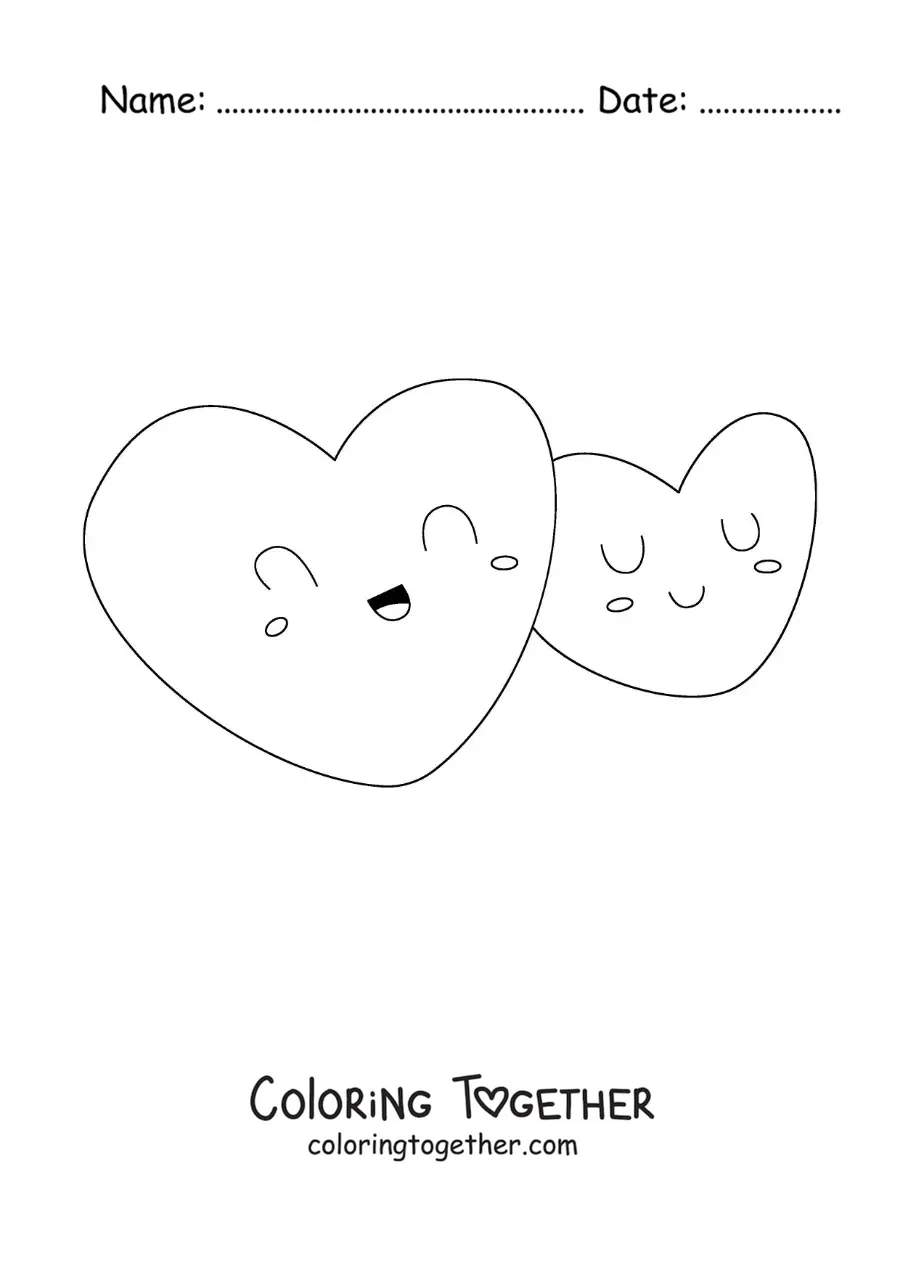 Coloring page of two pretty animated hearts together