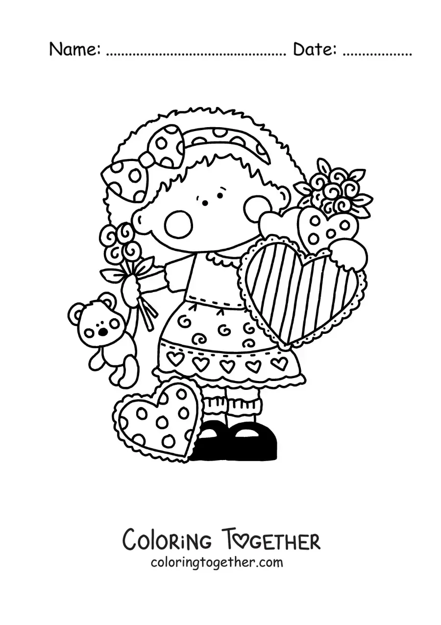 Coloring page of a girl with roses and Valentine's hearts