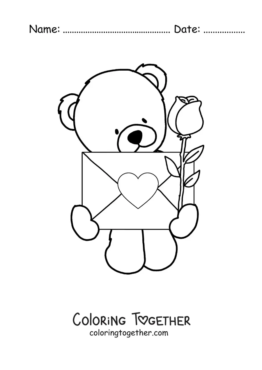 Coloring page of an animated bear with roses and a love letter