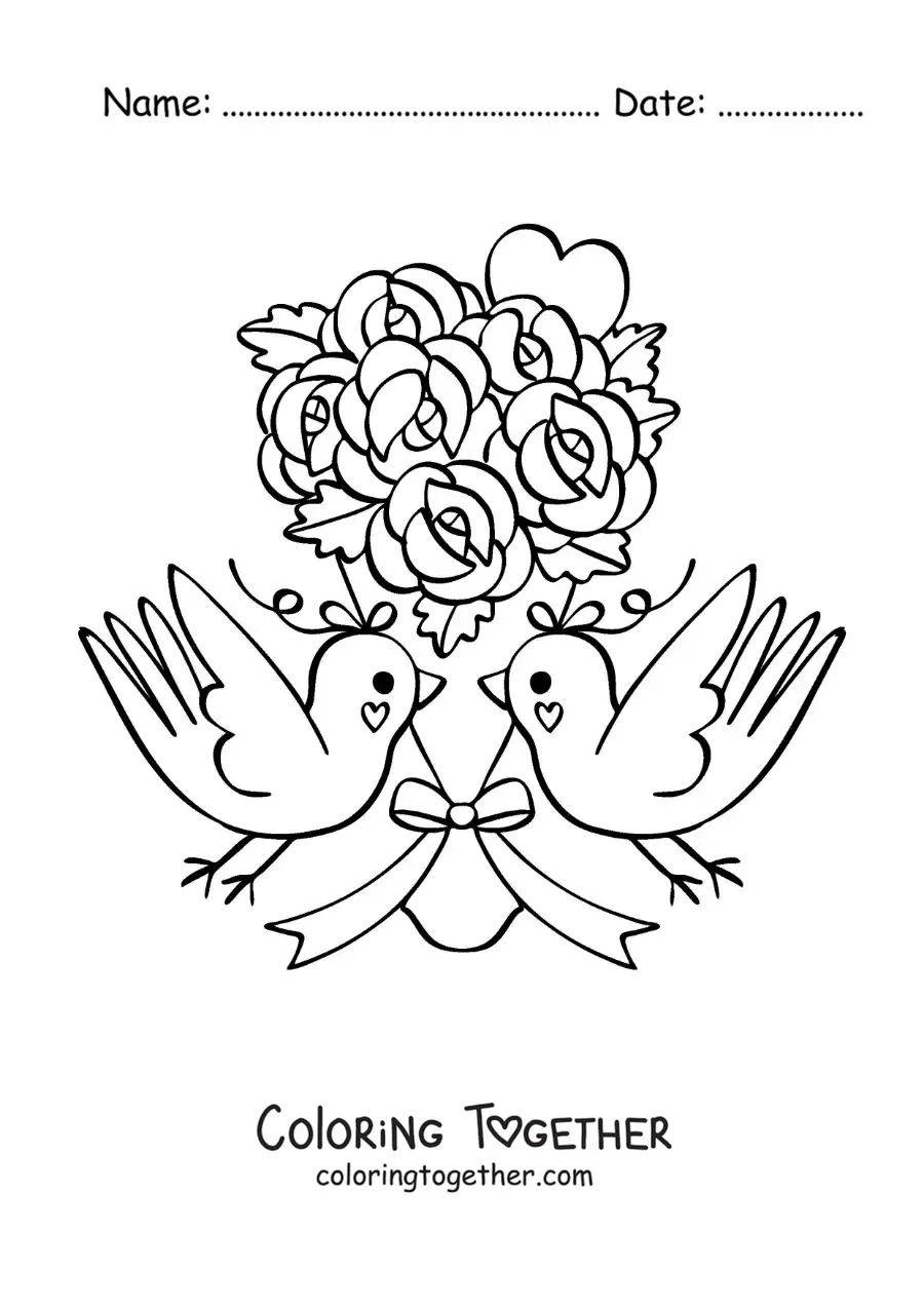 Coloring page of a beautiful bouquet of roses with birds and a heart