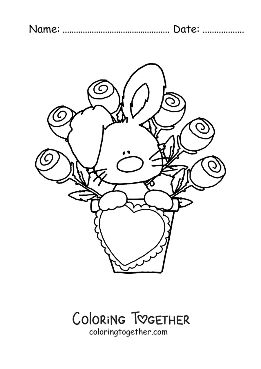 Coloring page of a cute cartoon rabbit with a bouquet of roses and a heart