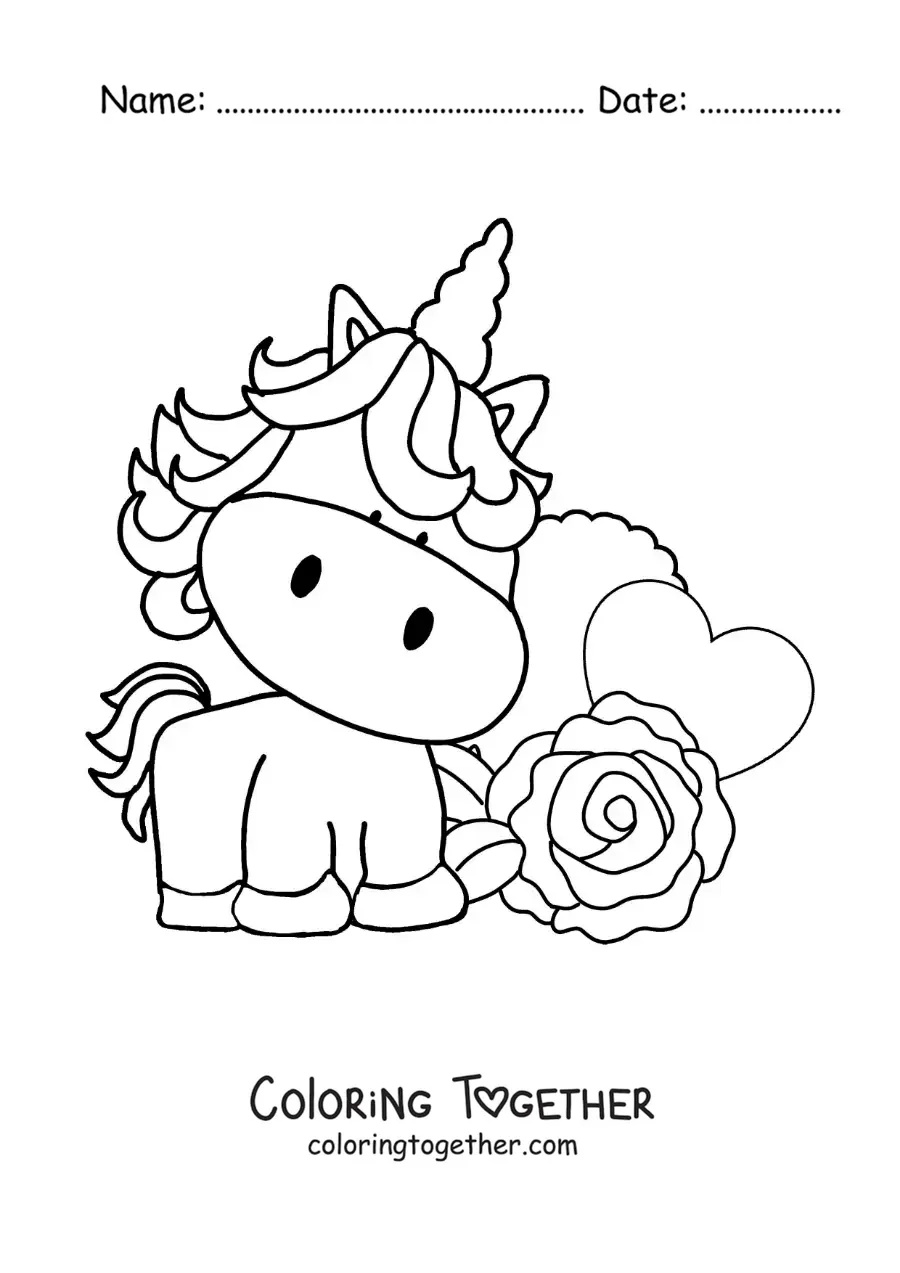 Coloring page of a cute cartoon unicorn with a rose and a heart
