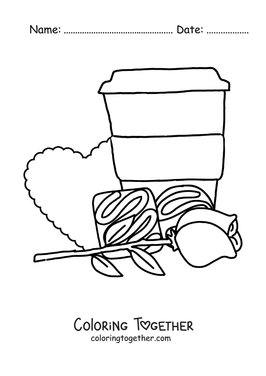 Coloring page of a cup of coffee with chocolates, a rose and a heart