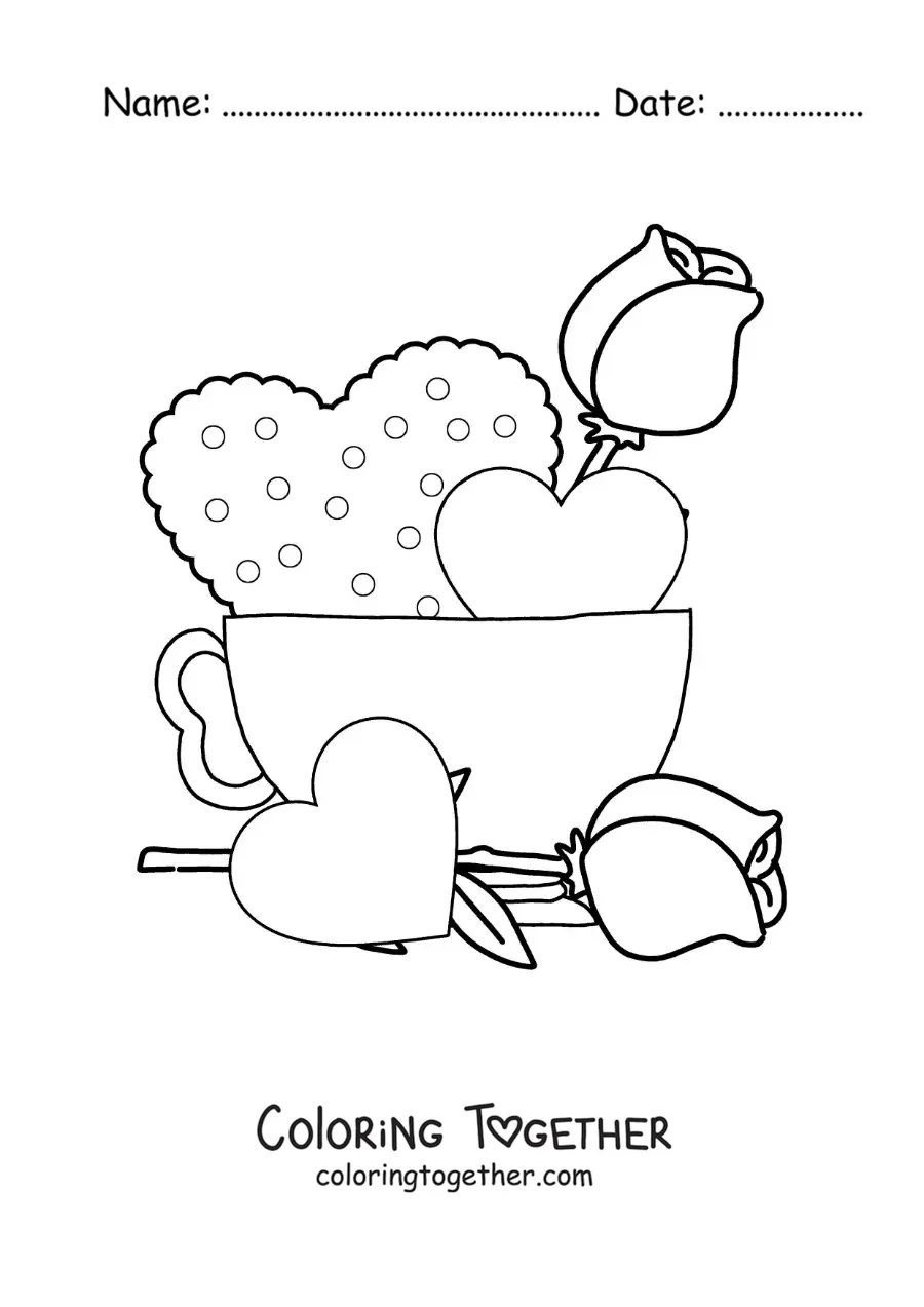 Coloring page of a coffee mug with hearts and roses