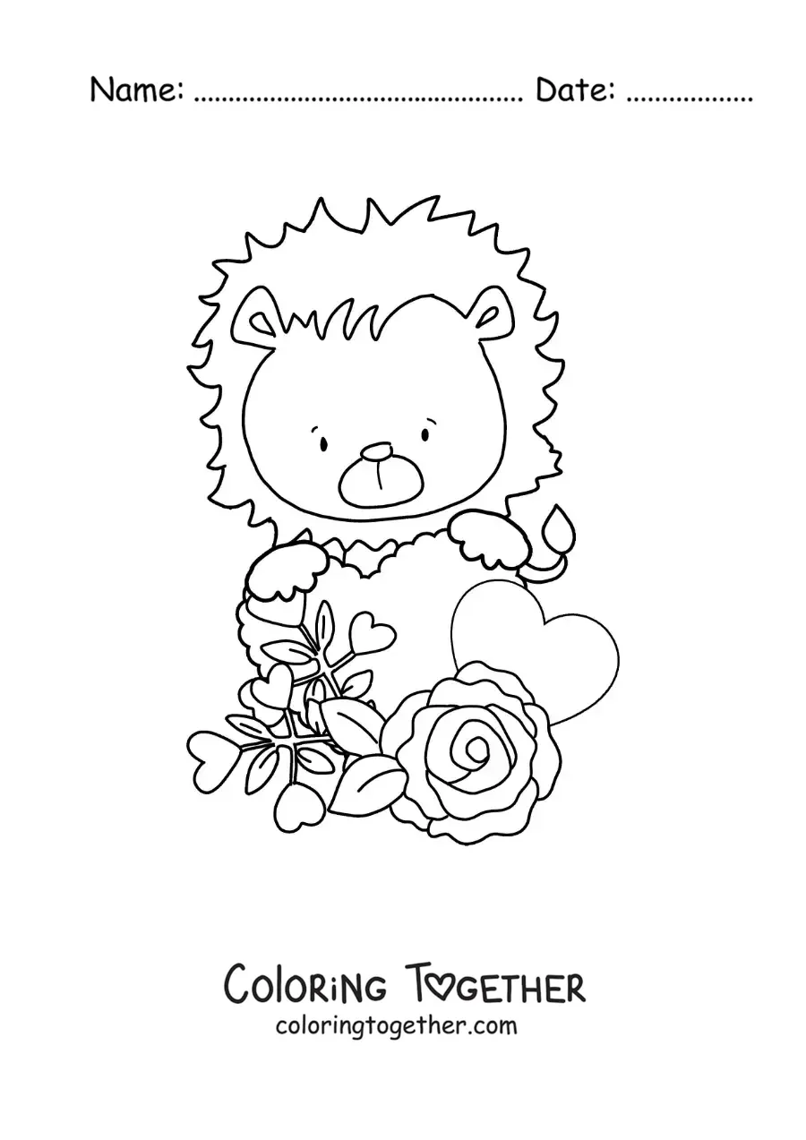Coloring page of an animated lion with Valentine's roses and hearts