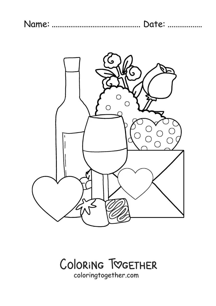 Coloring page of a bottle of wine with hearts, roses and a love letter