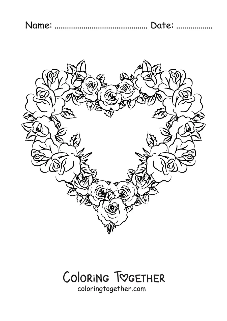 Coloring page of a heart-shaped rose arrangement