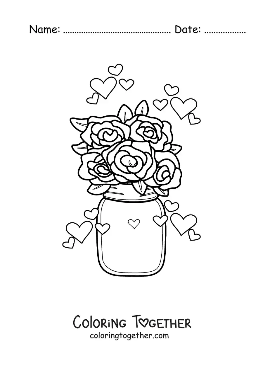 Coloring page of a bouquet of roses in a vase with hearts