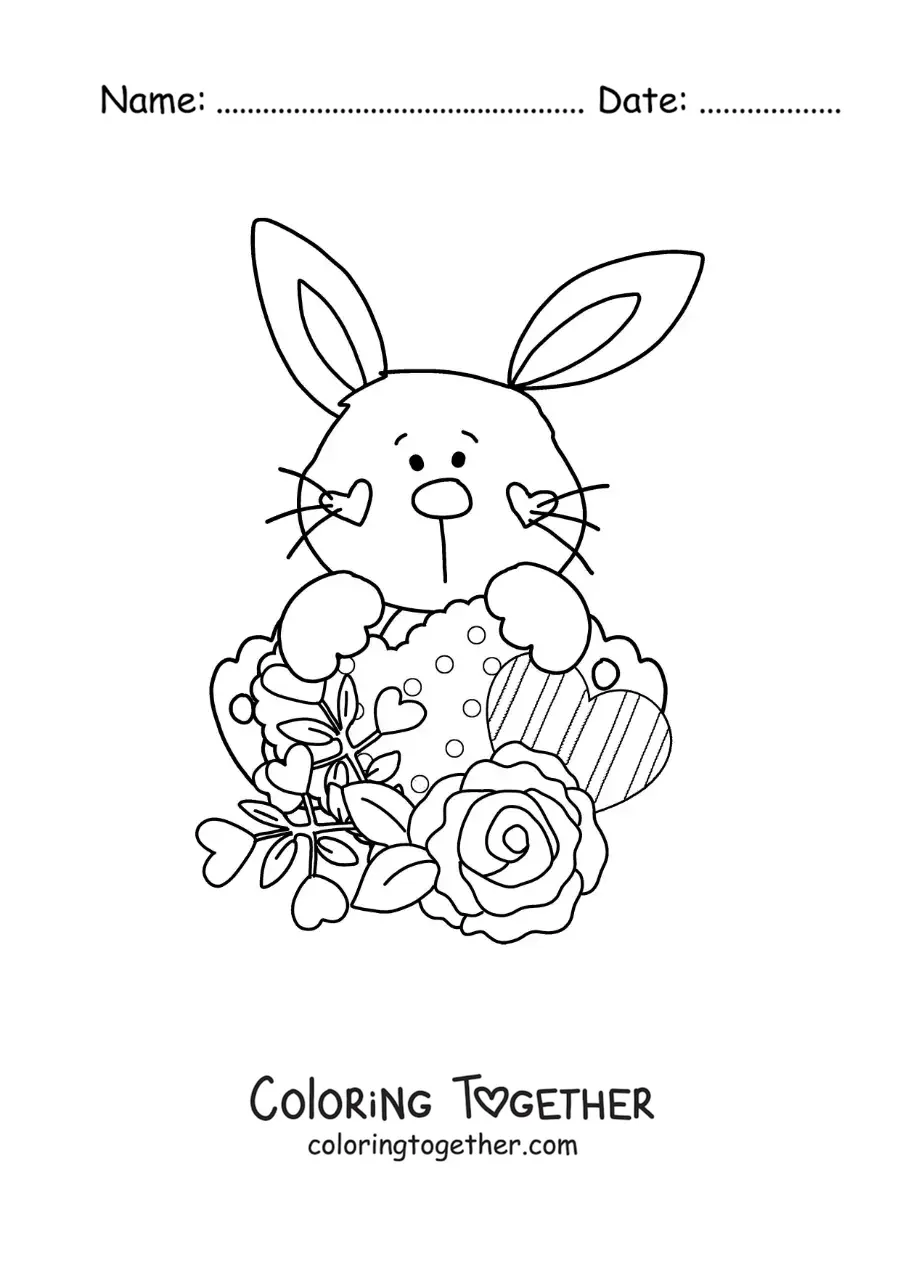 Coloring page of a cute cartoon bunny with roses and hearts
