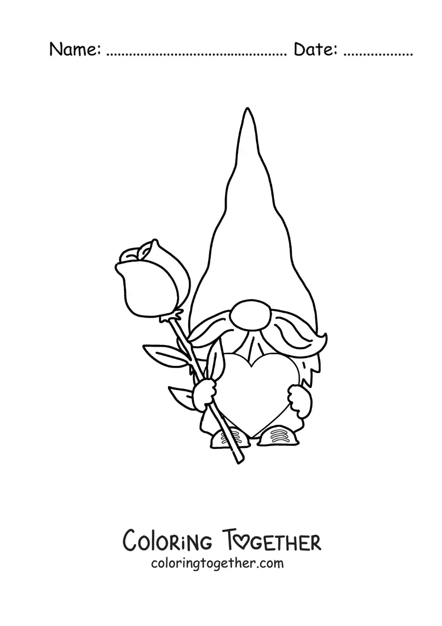 Coloring page of an animated gnome with a rose and a heart