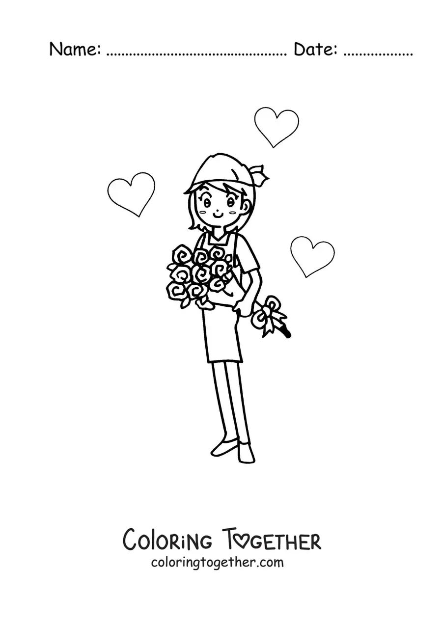 Coloring page of a girl with a bouquet of roses and hearts around her