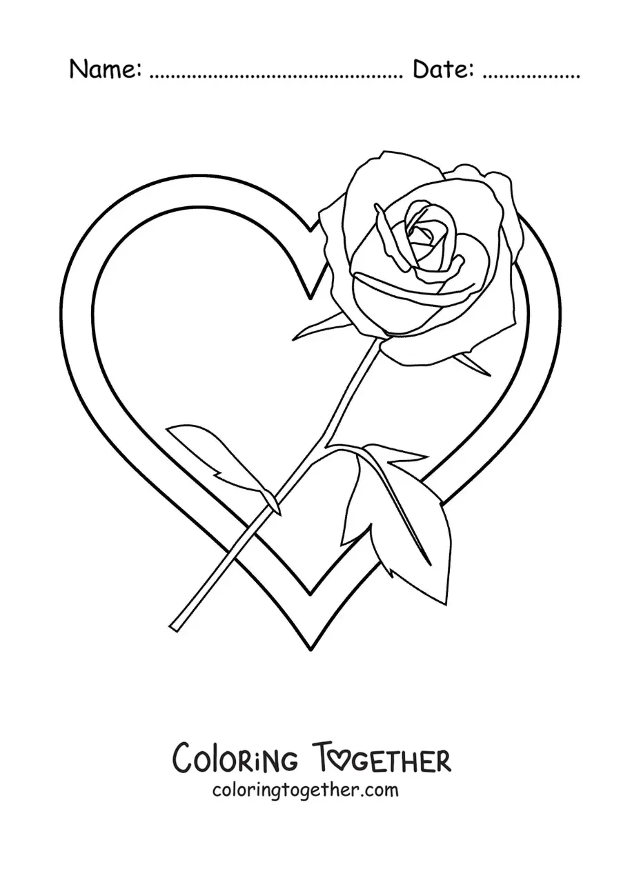 Coloring page of a big heart with a rose