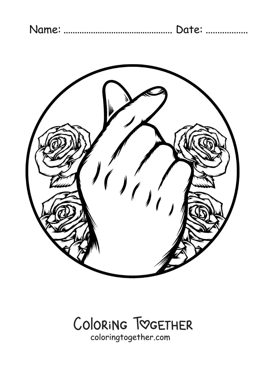 Coloring page of a hand making the Korean heart gesture with roses