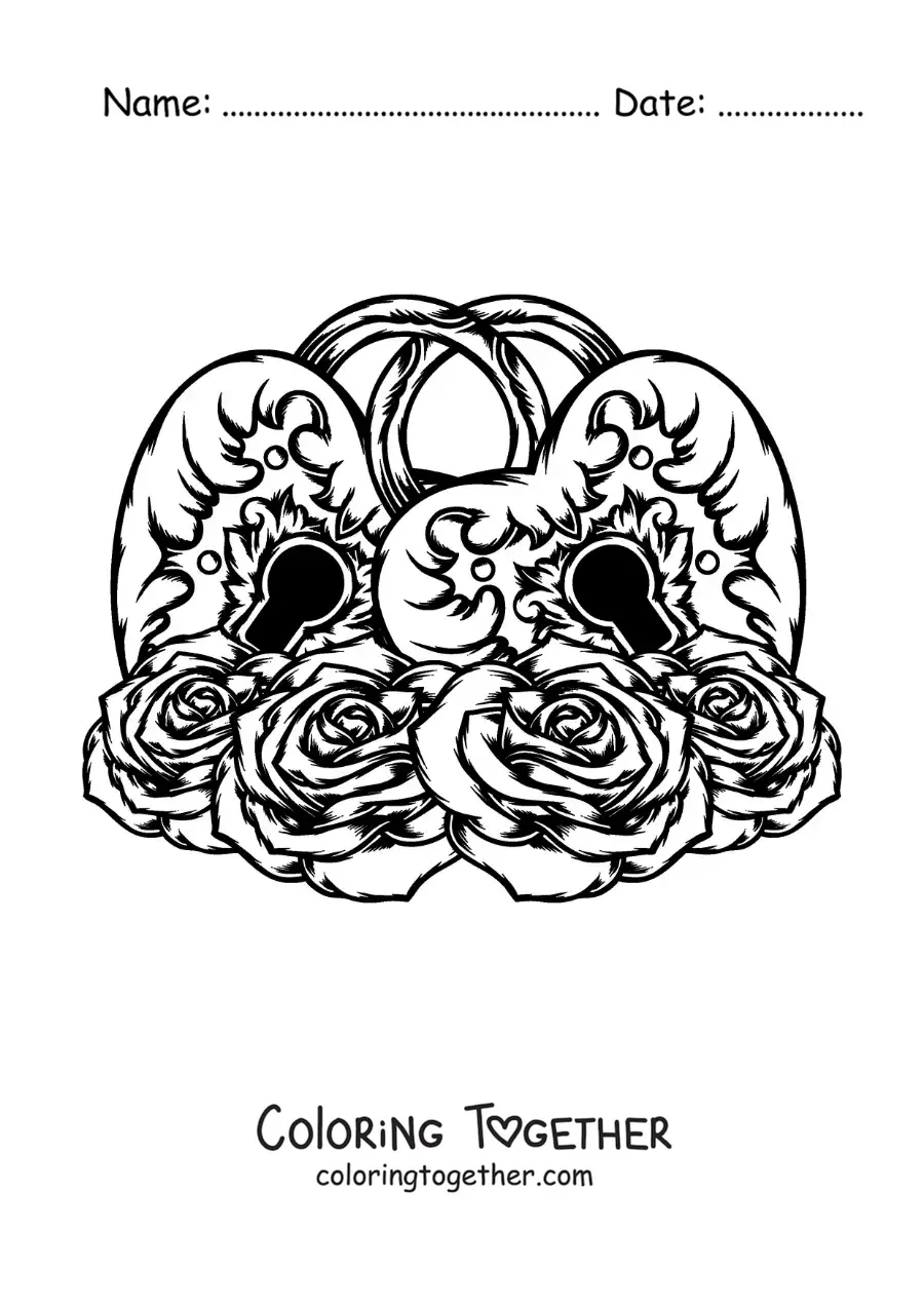 Coloring page of padlocks joined in a heart shape surrounded by roses