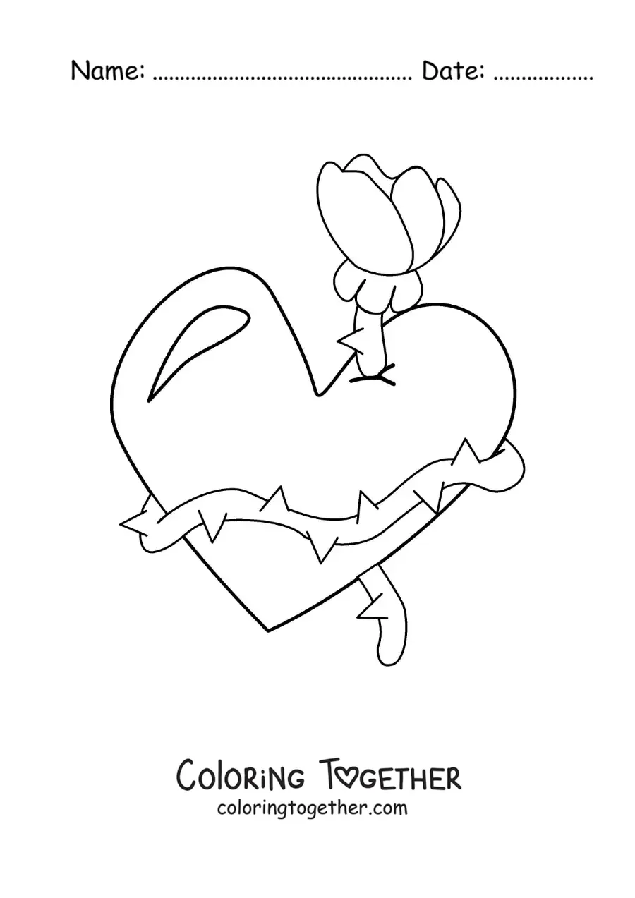Coloring page of a heart surrounded by a rose with thorns