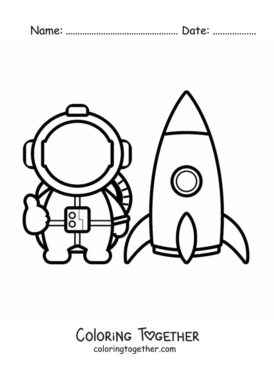 Coloring page of a cartoon astronaut next to a space rocket