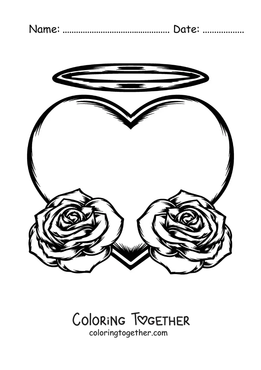 Coloring page of a big heart with two roses