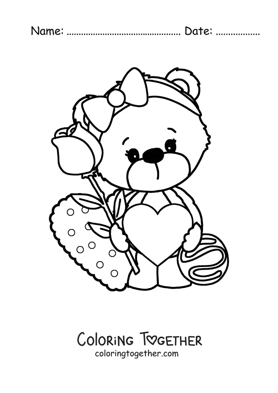 Coloring page of a girl teddy bear with hearts and a rose